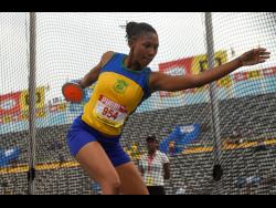 Shamella Donaldson of Rusea’s High competing in the girls’ Class One discus on Wednesday. Donaldson won with a distance of  50.70 metres.
