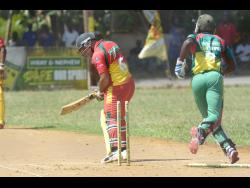Ramon Davidson of Junction Ballards Valley is bowled by Jevaugh Hinds of Gayle Cricket Club at the Three Hills Oval in St Mary in the SDC Wray & Nephew National Community T20 competition on July 21, 2019. 