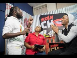Producer Cordell ‘Skatta’ Burrell (left) and gospel singer Chozenn debate whether God exists while host of STAR CHAT Davina Henry moderates.