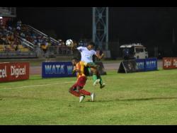 Frome Technical’s Anthony Scott (right) is challenged by Cornwall College’s Solano Birch during an ISSA/WATA DaCosta Cup semi-final match at the Montego Bay Sports Complex last season. Frome Technical are confident of getting back to this stage of the competition after a 5-0 win over Petersfield High School yesterday.