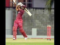 Evin Lewis during his knock of 99 not out against Ireland during their first one-day international at the Kensington Oval in Bridgetown, Barbados, yesterday.