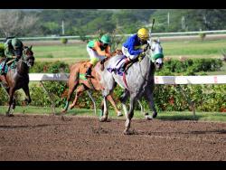 ENUFFISENUFF (right), ridden by Dane Nelson, on the way to winning the eighth race at Caymanas Park on Sunday, July 26.