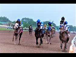 NIPSTER, ridden by Linton Steadman, (right) created a major upset at odds of 31/1 to win the Jamaica St Leger at Caymanas Park last Saturday.