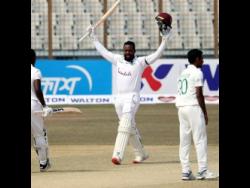 West Indies debutant Kyle Mayers celebrates his double century in the team’s win against hosts Bangladesh in Chattogram on Sunday, February 7.