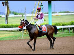  KING ARTHUR, ridden by Anthony Thomas, wins the sixth race over 5 furlongs straight at Caymanas Park on Thursday,  April 8,  2021.