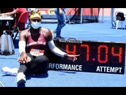 Credit: Kenyon Hemans Cedricka Williams (Holmwood) celebrates her record discus throw of 47.04m, to win the girls Class Two discus event at the ISSA/GraceKennedy Boys and Girls’ Athletics Championships, held at the National Stadium on Wednesday, May 12, 2021.