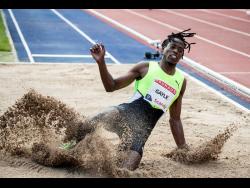 Jamaica’s Tajay Gayle in action during the men’s long jump at the Wanda Diamond League meet in Stockholm, Sweden, yesterday. Gayle won the event with a wind-aided jump of 8.55 metres.  