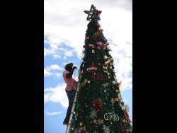 Daniel Simmonds hangs Christmas lights on a tree in Gregory Park, St Catherine on Sunday. The Christmas lights is among the bright spots in the gloomy Portmore community that has been plagued by violence.