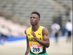 Jamaica’s DeAndre Daley in action in the Boys U-20 100m preliminary round at the Carifta Games in Kingston on Saturday.