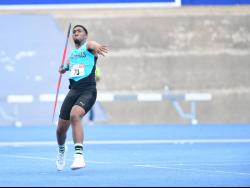 Bahamian javelin thrower Keyshawn Strachan in action in the Boys U20 event at the Carifta Games in Kingston on Saturday, April 16, 2022.