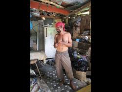 Omar Samuda, known to everyone as Red Rat, inside the shack that he built along the banks of the river in Frankfield, Clarendon.