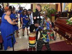  Bongo Herman gives a musical tribute during the Thanksgiving Service for the life of his friend Fitzroy ‘Bunny Diamond’ Simpson, who died on April 1  after a prolonged illness. He was 70 years old.