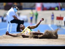 Jamaica’s Jaydon Hibbert claims gold with a distance of 7.62m in the Boys Under 20 Long Jump event at the Carifta Games in Kingston on Sunday, April 17.
