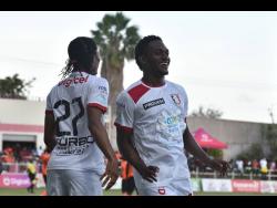 Arnett Gardens’ Renaldo Cephas celebrates after scoring their first goal against Tivoli during their Jamaica Premier League game at Sabina Park on Saturday, March 19.
