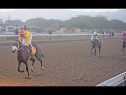 OUR ANGEL, ridden by Reyan Lewis, (left) wins the 83rd running of the Jamaica Oaks over 10 furlongs at Caymanas Park yesterday.