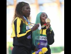 Shericka Jackson (left) and Shelly-Ann Fraser-Pryce were two members of Jamaica’s bronze medal team at the 2019 World Relays in Yokohama, Japan.