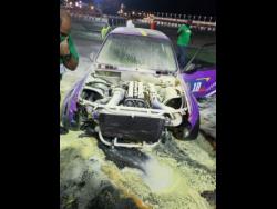 The damaged car of Nicholas ‘Tazz’ Barnes at the Red Bull Car Park Drift final in Jeddah, Saudi Arabia.