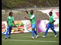 Montego Bay United players celebrate a goal against Molynes United during a Jamaica Premier League match at the UWI-JFF Captain Horace Burrell Centre of Excellence on January 30, 2022.