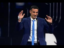 Argentina’s coach Lionel Scaloni speaks after he receives the Best FIFA Men’s Coach award during the ceremony of the Best FIFA Football Awards in Paris, France, yesterday.