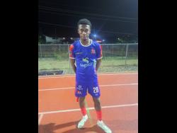 Dunbeholden’s Rohan Brown after scoring two goals in the Jamaica Premier League against Vere United on Monday at the Ashenheim Stadium. Dunbeholden won 3-1.