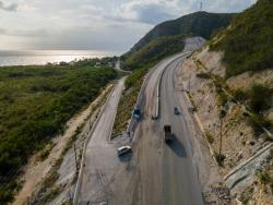 An aerial photograph of the entryway into the Grants Pen community in St Thomas, from the highway bypass developed under the Southern Coastal Highway Improvement Project. 