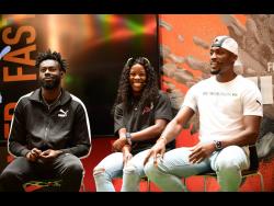 Jamaica’s 200 metres national winner and World Championships 200 metres defending champion, Shericka Jackson (centre), is joined by national 110 metres hurdles winner Rasheed Broadbell (left) and Olympic Games defending champion, Hansle Parchment, during the JAAA’s official World Championships press conference at Puma house, The Grund, in Budapest, Hungary, on Thursday.