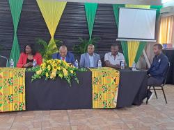 Jamaica Football Federation’s (JFF) Michael Ricketts (second left) ponders while at the table with his slate comprises of (from left:) Elain Walker-Brown, Raymond Grant, Gregory Daley and Rudolph Speid at the Wembley Centre of Excellence in Clarendon yesterday.