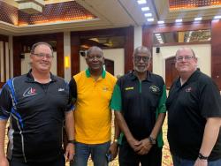 From left:  Jeff Good, the chief executive officer of Championship Darts Latin America; Evon Faulkner,  the tournaments director; Winston Ferguson, president of the Jamaica Darts Association; and Peter Citera, the chief executive officer of the CDC; look satisfied after Saturday’s tour of the Montego Bay Convention Centre, which will host the upcoming darts tournaments.