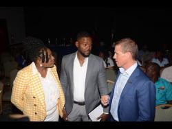 Mayor of Montego Bay, Richard Vernon (centre), interacts with Chairman of the Jill Stewart MoBay City Run, Janet Silvera (left), and Executive Chairman of Sandals Resorts International, Adam Stewart, during the launch of the 2024 staging of the event at the Holiday Inn in Rose Hall, St James, recently.