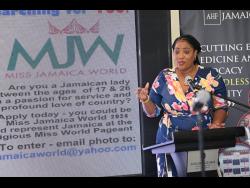 Dahlia Harris speaks at the launch of both the Miss Jamaica World and Mr World Jamaica pageants at the Courtleigh Hotel last week.