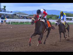 MONEY MISER (left), ridden by Tevin Foster, wins the O & S Tack Room Trophy Division I over a mile at Caymanas Park on Saturday.