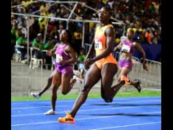 Shericka Jackson (second from right) celebrates her win in the women’s 100m finals on day two of the Jamaica Athletics Administrative Association National Junior & Senior Championships at the National Stadium in St Andrew on Friday, June 28, 2024. 