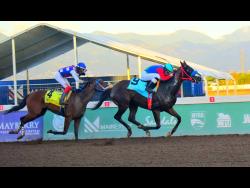 GEOLiTHIC, ridden by Ismael Velasque, winning the BONNIE BLUE FLAG Trophy ahead of SHE’S A GODGIFT (Javaniel Patterson) over 7 1/2 furlongs at Caymanas Park yesterday.