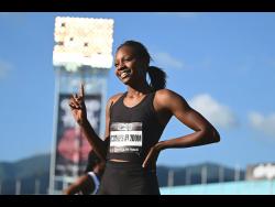 Credit: Gladstone Taylor/</text><symbol>29</symbol><text>Multimedia Photo Editor Shanoya Douglas of Muschett High School celebrates winning the girls 200m at the inaugural Grand Slam Track meet in 23.37 seconds at the National Stadium on Saturday.