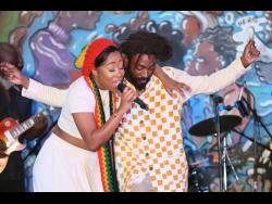 Credit: Nathaniel Stewart Davianah and Abijah ‘Naki Wailer’ Livingston performing at Rootsman Skankin’ Bunny Wailer’s 78th earthday celebration held last Thursday at Greenvale Avenue in St Andrew.
