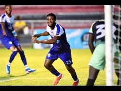 Raheem Edwards of Mount Pleasant Football Academy celebrates scoring his team’s second goal during the Jamaica Premier League football match against Chapelton Maroons FC at the Anthony Spaulding Sports Complex yesterday. Mount Pleasant won 2-0.