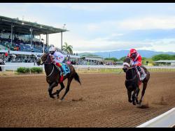 UNSPUN (left), ridden by Richie Shakes, winning the ninth race ahead of UNBELIEVABLE FORCE (Tajay Suckoo) over six furlongs at Caymanas Park on Saturday, May 3.