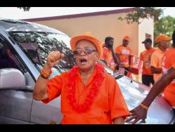 Former MP for Manchester North Eastern, Calvin Lyn, chants his support for PNP candidate Donovan Mitchell in Manchester Central.