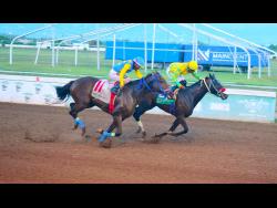 BULLETPROOFCOFFEE (right), ridden by Demar Williams, winning the Trevor McKenzie Memorial Trophy ahead of 99-1 long shot JOHNCROWJEFF (Anthony Allen) over five furlongs straight at Caymanas Park on Saturday.