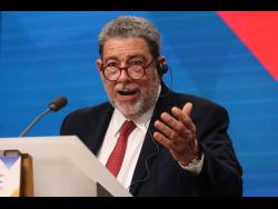 Former St Vincent and Grenadines Prime Minister Ralph Gonsalves talks to journalists during a news conference at the end of the third EU-CELAC summit in Brussels, Belgium, on July 18, 2023.