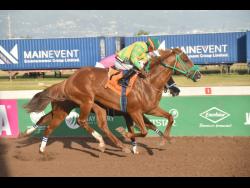 ATLANTIC CONVOY (right), ridden by Dane Nelson, wins the overnight allowance stakes Ahwhofah Sprint ahead of the partially hidden ZULU WARRIOR (Raddesh Roman) over six furlongs at Caymanas Park on Saturday.