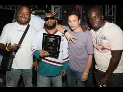 Coppershot quartet (from left) Copper Cyclone, Marc Chin, Matthew Gray and Witty Blacks with their award at Strickly 2K held last Saturday, at Mas Camp, St Andrew.