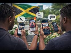 An AI-generated image capturing Jamaica in the digital age, where social media has become the new town square—hosting conversations, speculation, and real-time accountability.