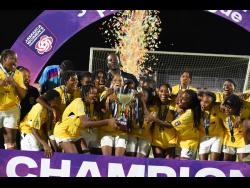Members of Frazsiers Whip Women FC celebrate winning the Jamaica Women’s Premier League football title. Frazsiers Whip defeated Cavalier Women 4-1 in the final at Ashenheim Stadium, Jamaica College on Saturday, August 9, 2025.