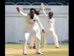 Barbados Pride’s Joshua Bishop (front) appeals for a wicket on day two of the West Indies Championship cricket match against Jamaica Scorpions at Sabina Park, in Kingston, on Monday, April 27, 2026.