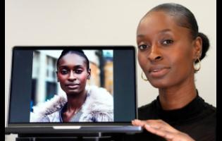 Fashion model Alexsandrah poses with a computer showing an AI generated image of her. (AP Photo/Kirsty Wigglesworth)