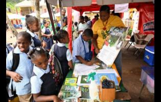 Kerry Ann McLean, forest technician at the Forestry Department, interacts with students at the St Ann 4-H Clubs Parish Achievement Day and Expo 2024 at the Brown’s Town Primary School. 