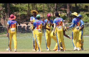 St. Elizabeth Technical High’s (STETHS) players celebrate a wicket against Excelsior High in their ISSA/TVJ Super 8 Twenty20 schoolboy cricket game at Sir P Oval on Saturday. STETHS won the game.