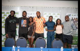 Some of the international athletes who will compete at the  Jamaica Athletics Invitational at the National Stadium pose during a press conference at The Jamaica Pegasus hotel on Thursday. From left: Kyron McMaster, Fred Kerley, Dina Asher-Smith, Matthew Hudson-Smith, Rushell Clayton, Marie Josée Ta Lou- Smith and and Christian Coleman.