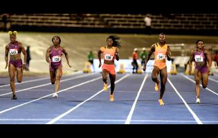 Shericka Jackson (second right) winning the women’s 100 metres final in 10.84 seconds. From left: Natasha Morrison,  Shelly-Ann Fraser-Pryce, Kemba Nelson and Tina Clayton.